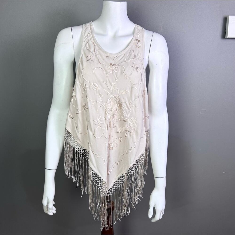 Free People tank top small fringe NWT piano scarf fairy‎ festival embroidered
